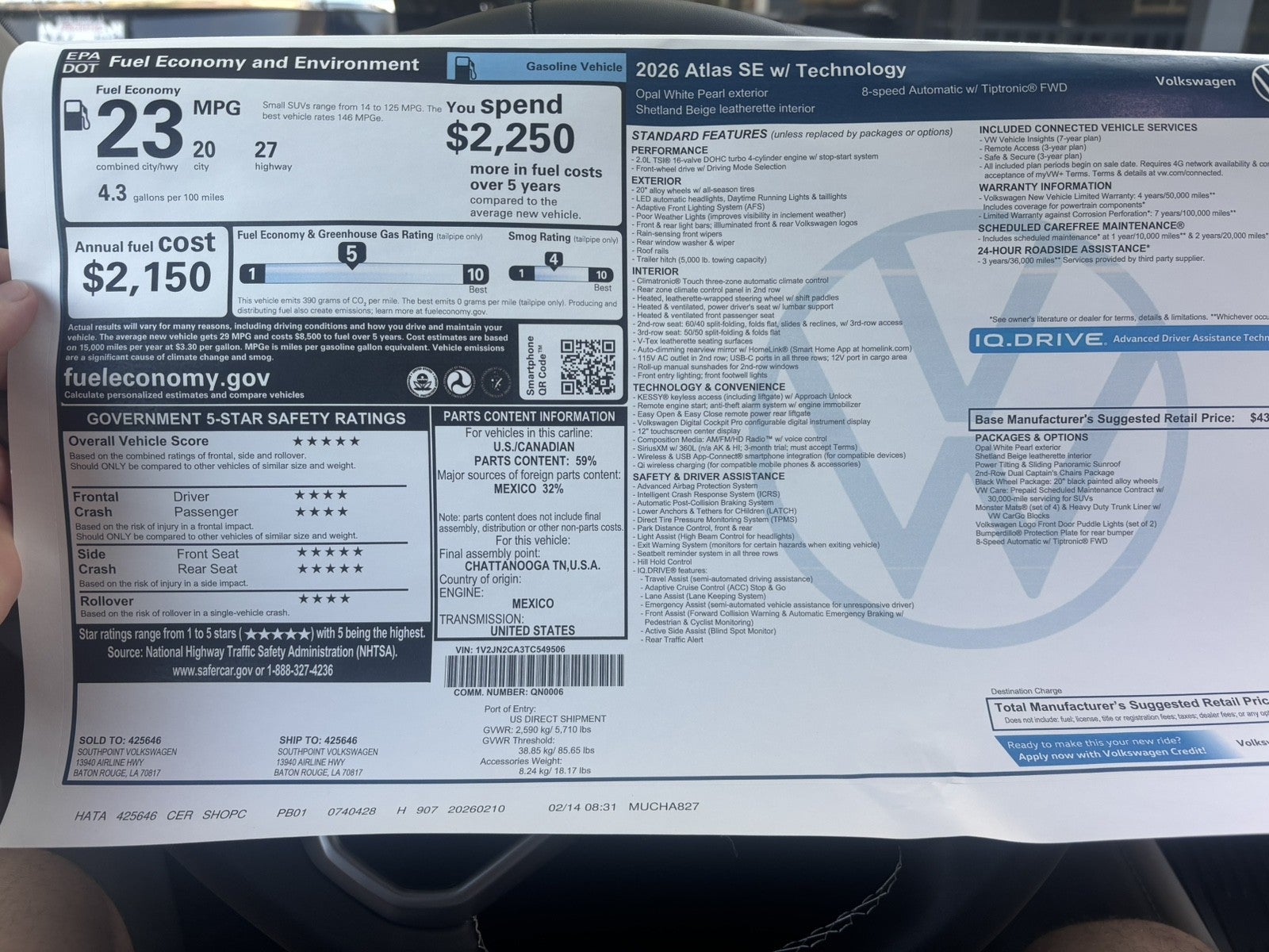 2026 Volkswagen Atlas 2.0T SE w/Technology