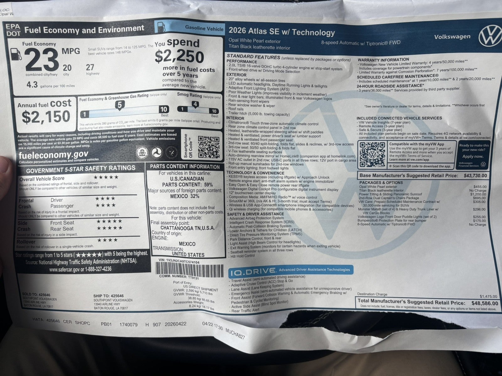 2026 Volkswagen Atlas 2.0T SE w/Technology